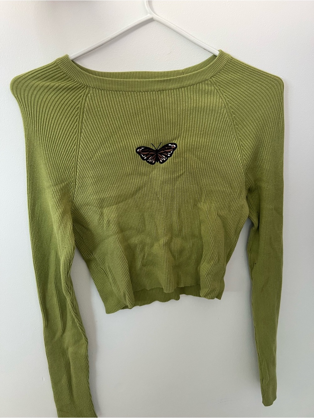Garage Cropped Ribbed Butterfly Sweater - Olive Green Size L